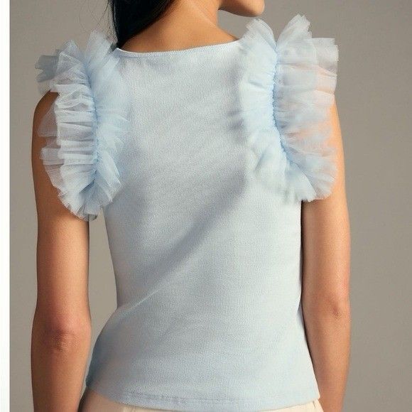 Anthropologie Dolan NWOT Size L, M Tulle Ruffle Sleeve Tank Blue Ribbed Knit - Picture 4 of 11